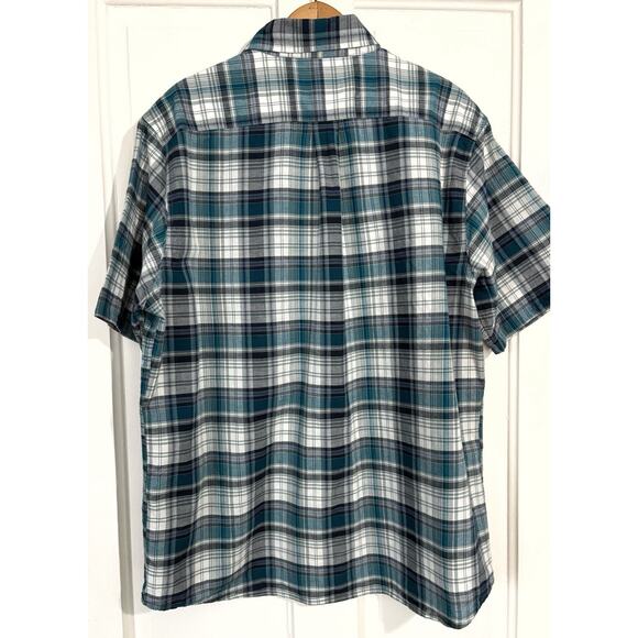 Woolrich Wollen Mills Shirt Mens L Blue Plaid Organic Cotton Short Sleeved Camp - Picture 4 of 4